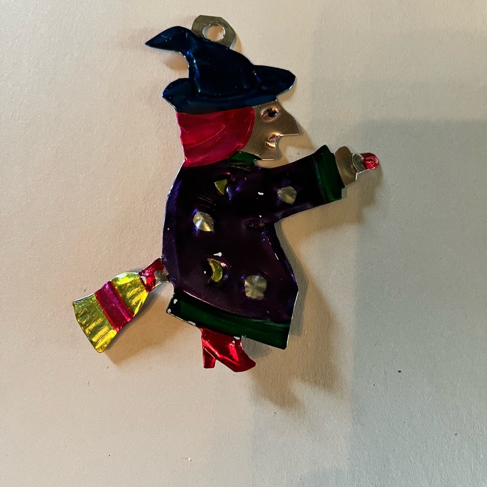 Hand painted Mexican tin art Colorful Witch